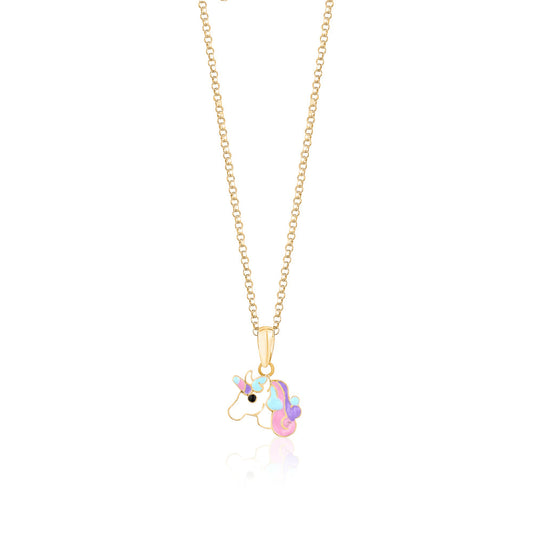 14k yellow gold colorful enamel unicorn pendant necklace by Massete, view 2