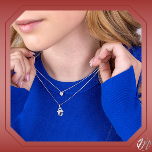 Sterling Silver Hamsa Necklace Pendant for Girls with Simulated Diamonds 17.5" by Massete