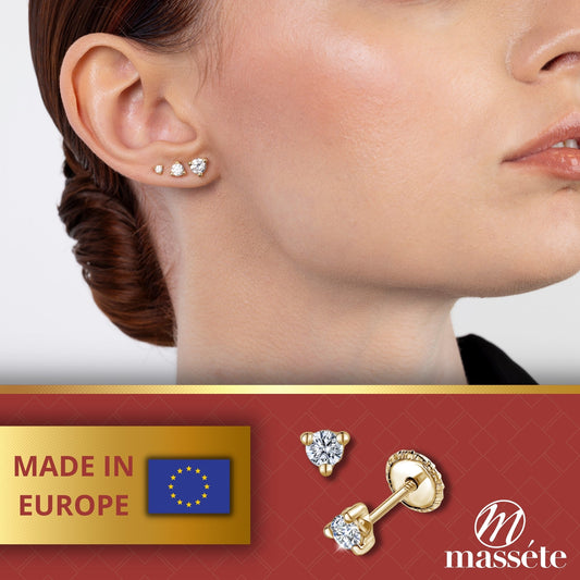 14k Gold 3 Prong Simulated Diamond Stud Earrings Martini Style| 3mm 4mm 5mm | Covered Screwback by Massete