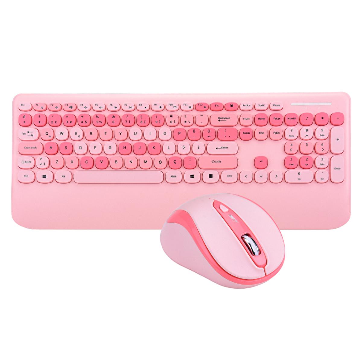 Everest Wireless Keyboard and Mouse Set - 2.4Ghz Wireless Combo, TR Layout Keyboard, 1600 DPI Mouse, Ergonomic Wrist Rest - Everest Renkli TuΕlu Pembe Kablosuz Q Multimedia Klavye + Mouse Set by Beauty Care Bag