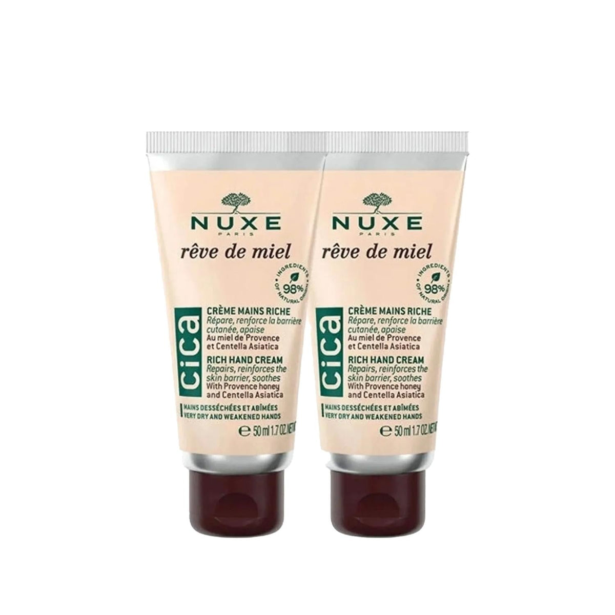 Nuxe Reve de Miel Intensive Moisturizing Hand and Nail Cream - 2x50ml - Hydrating & Nourishing for Dry Hands & Nails by Beauty Care Bag