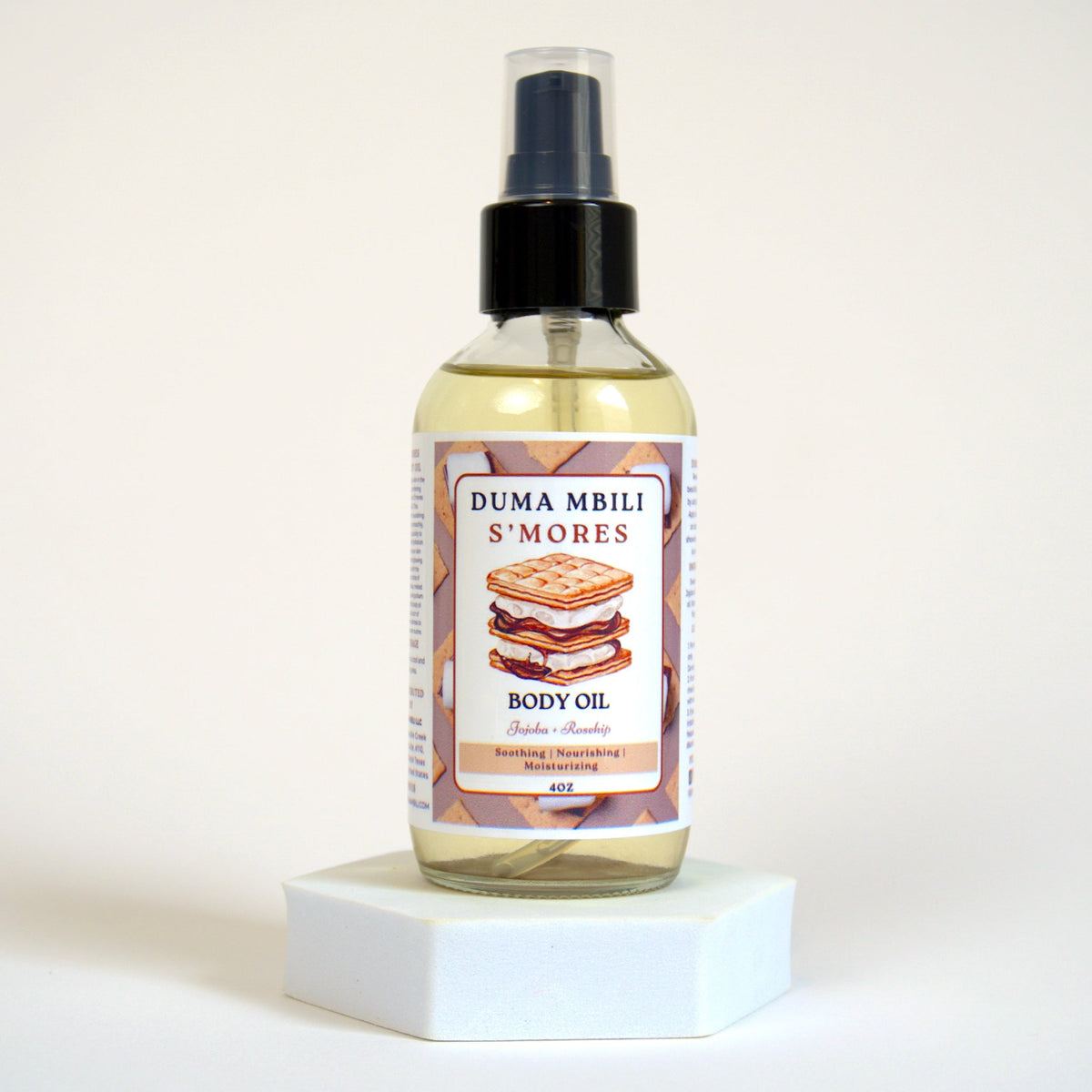 S'mores body oil with marshmallow, chocolate and graham cracker scent