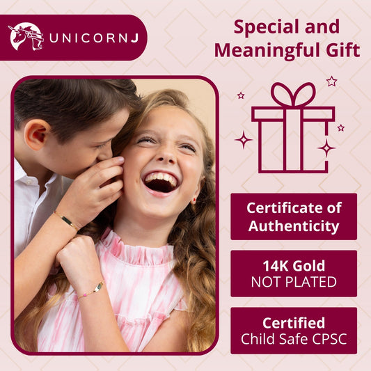 UNICORNJ 14k Yellow Gold Girls ID Bracelet Engravable with Enamel Charm for Girls Kids Toddler Baby Made in Italy 5.5" by Massete