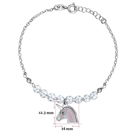 Sterling Silver Unicorn Bracelet with Mother of Pearl Inlay and Diamond Crystals 7.5" by Massete