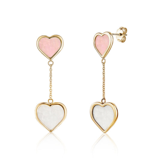 14K Yellow Gold Double Drop Heart Earrings with Mother of Pearl by Massete