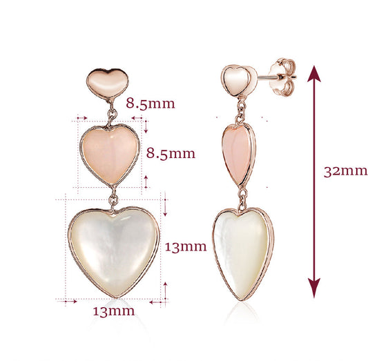 14K Rose Gold Earring Double Heart Drop Dangle Heart Shape Cabochon Pink Opal and Mother of Pearl Italy by Massete