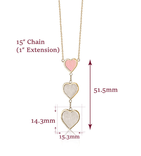 14k yellow gold triple drop heart necklace with mother of pearl, Unicornj, view 2