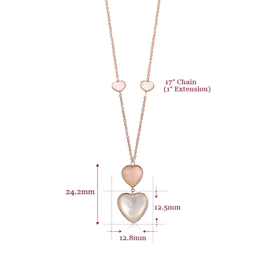 14K Rose Gold Pendant Necklace Double Heart Drop Heart Shape Cabochon Pink Opal and Mother of Pearl Italy 17" by Massete