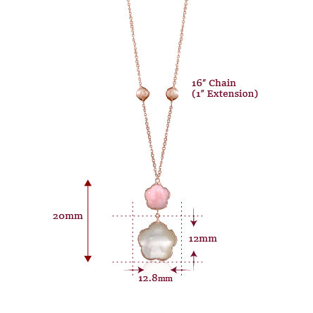 14K Rose Gold Pendant Necklace Double Flower Drop Flower Shape Cabochon Pink Opal and Mother of Pearl Italy 17" by Massete
