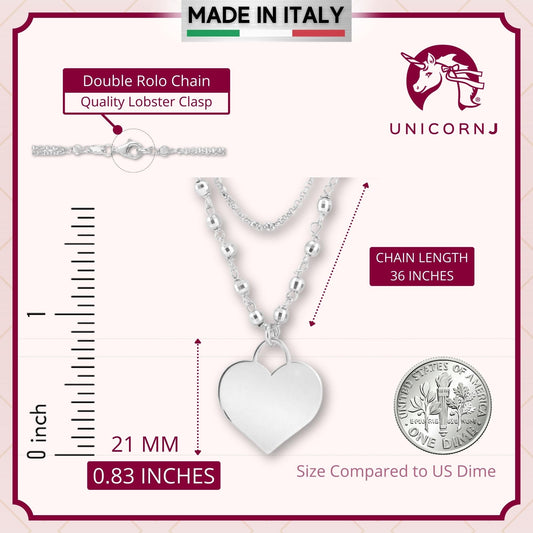 Sterling Silver Rose Gold Plated High Polished Heart Pendant Necklace Very Long Double Chain 36" by Massete