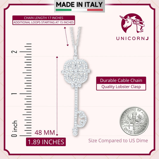 Key Necklace Pendant Sterling Silver 925 Yellow Gold Plated Large with Simulated Diamonds 17" by Massete