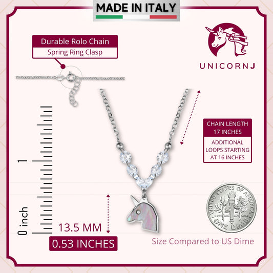 Sterling Silver Unicorn Necklace Pendant with Mother of Pearl Inlay and Diamond Crystals 17" by Massete