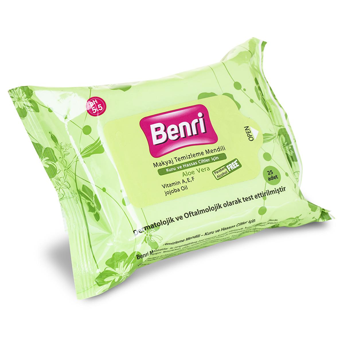 Benri Makeup Remover Wipes for Dry & Sensitive Skin - Gentle Facial Cleansing Cloths with Aloe Vera & Vitamin E, 25 Count by Beauty Care Bag