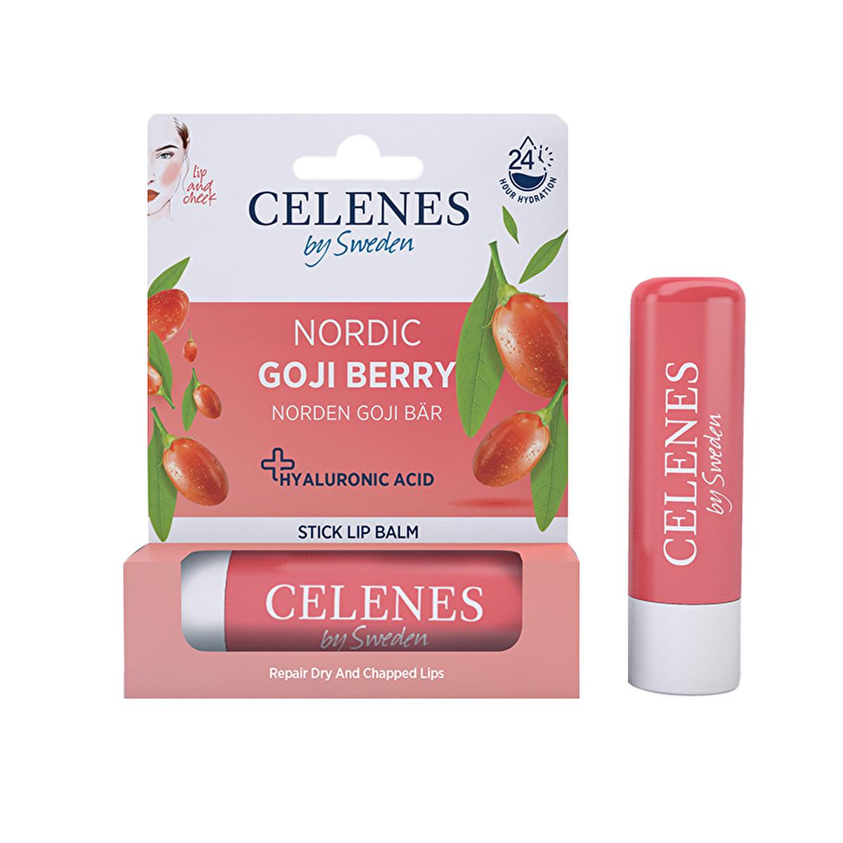 Celenes Nordic goji berry tinted lip balm stick with hyaluronic acid