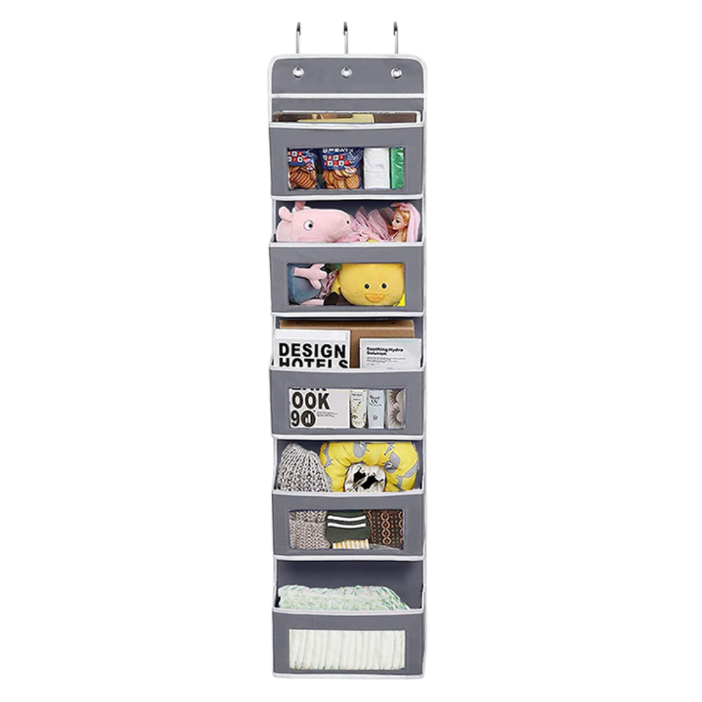Over the Door Organizer with 5 Clear Window Pockets – Hanging Behind the Door Storage Rack for Closet, Bathroom, Bedroom, Pantry – Space-Saving Door Organizer Hanging System – Gray by Joyful Moose