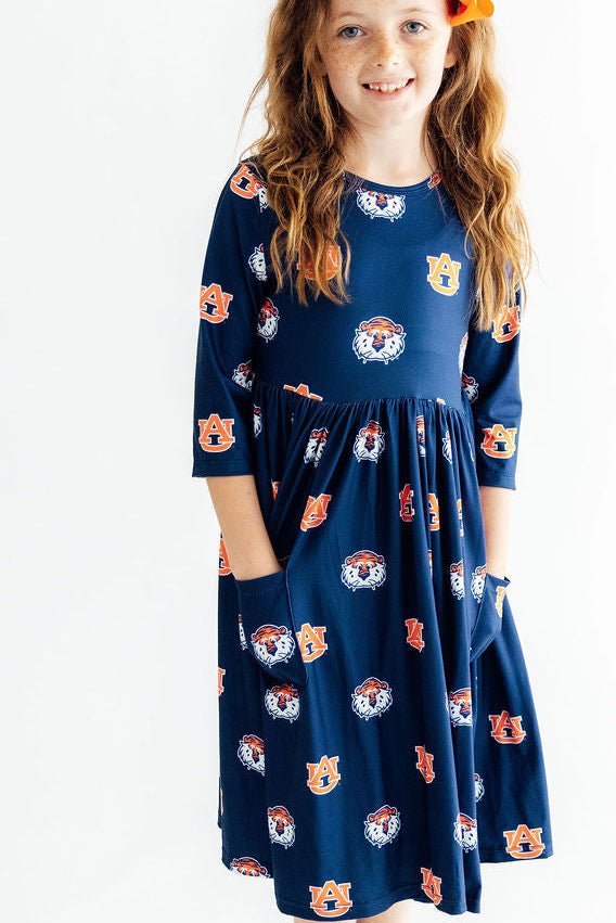 Auburn Blue Aubie 3/4 Sleeve Pocket Twirl DressTwirl Dress - 3/4 - PocketTorqelo.com
