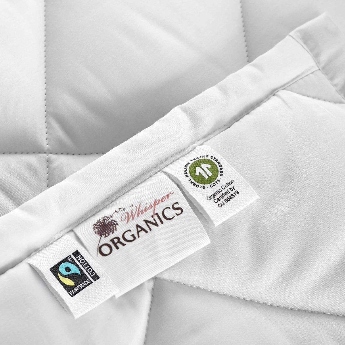 GOTS and Fairtrade labels on the Whisper Organics organic cotton comforter