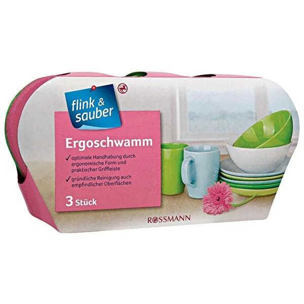 Flink & Sauber 3-Piece Ergonomic Cleaning Sponge Set for Ceramic, Non-Stick & Glass Surfaces by Beauty Care Bag