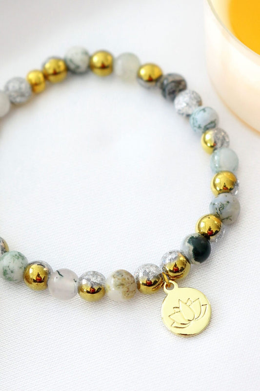 Mossy Agate Elastic Bracelet | 24K Lotus Flower Charm by Ultramarine Birch