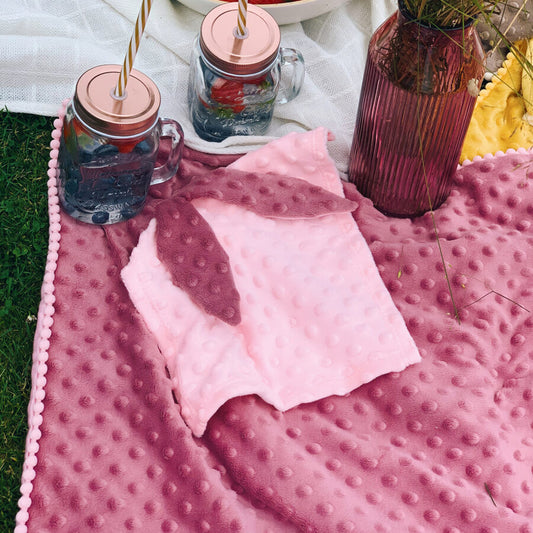 Dusty rose 2-in-1 baby blanket with bunny-ear comforter toy by Ochre Ares, view 2