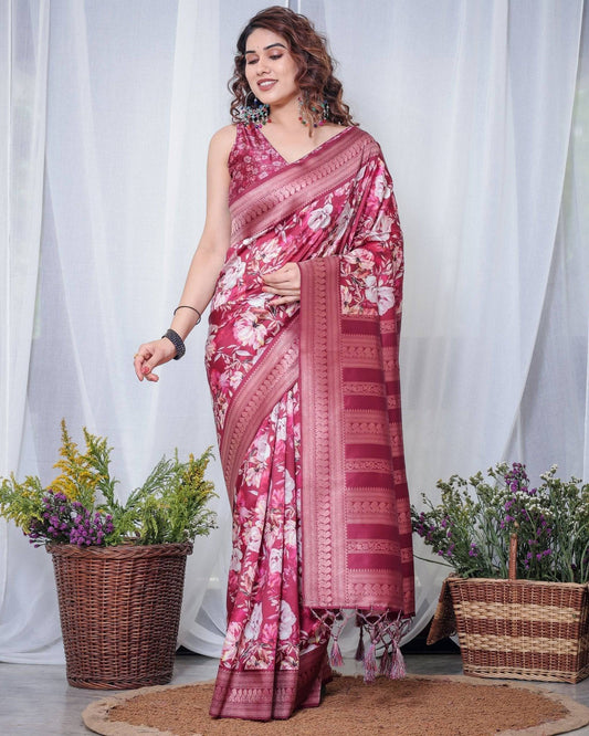 Graceful Maroon Floral Banarasi Silk Saree with Tassels by Cyan Butterscotch