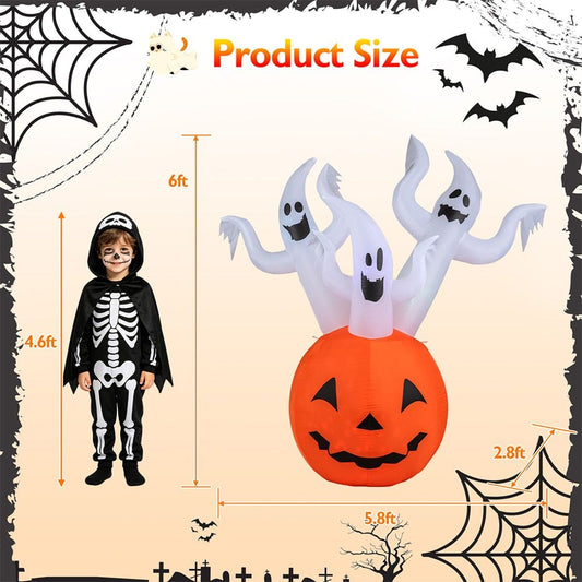 6 Foot Inflatable Ghost Pumpkin Decoration with Colorful LED Lights - Perfect for Halloween Festivities by Doba