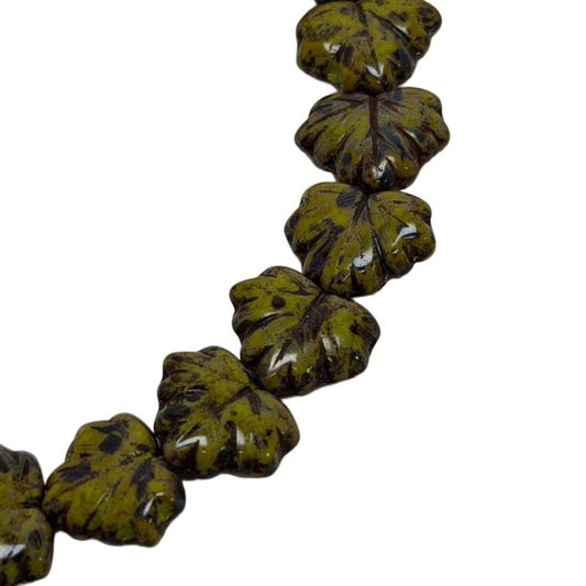 Czech Glass Olive Green Leaf Beads 13x11mm - 20 Beads per Strand by Continental Bead Suppliers