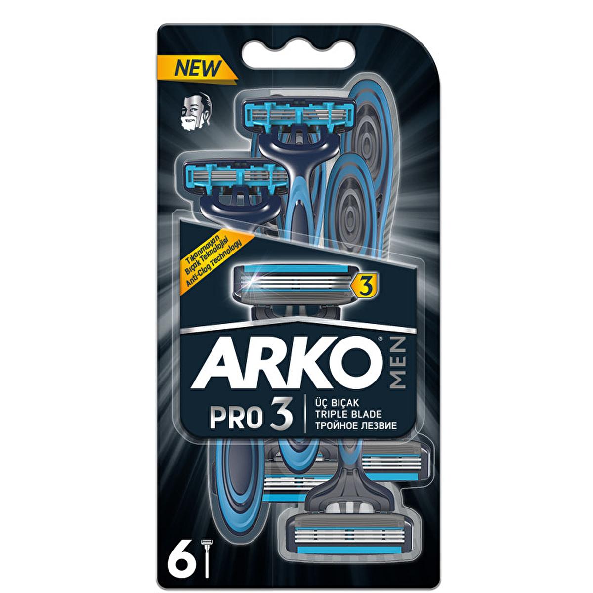Arko Men Pro 3: Superior Three Blade Razor Blades for Men - Anti-Clog, Lubricating, and Durable Shaving Supplies (6-Count) by Beauty Care Bag