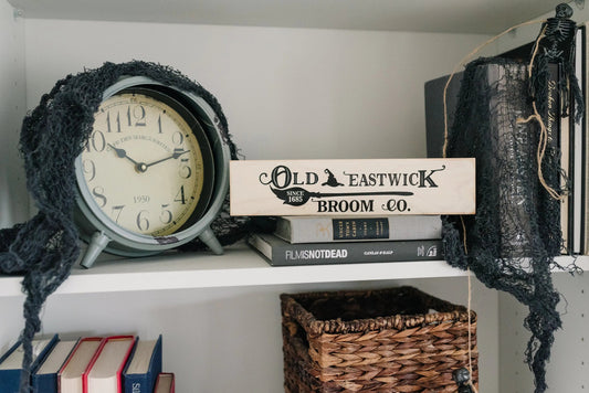 Halloween Signs | Halloween Tiered Tray Decor | Halloween Decor Wood Block | Wood Framed Miniature Sign | Old Eastwick Broom Co. Wood Sign by Joyful Moose