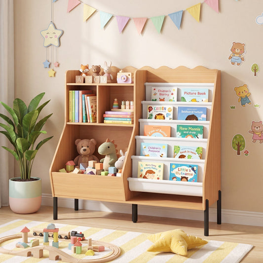 Kids Bookshelf and Toy Storage Organizer with 5 Fabric PocketsKids Storage FurnitureTorqelo.com
