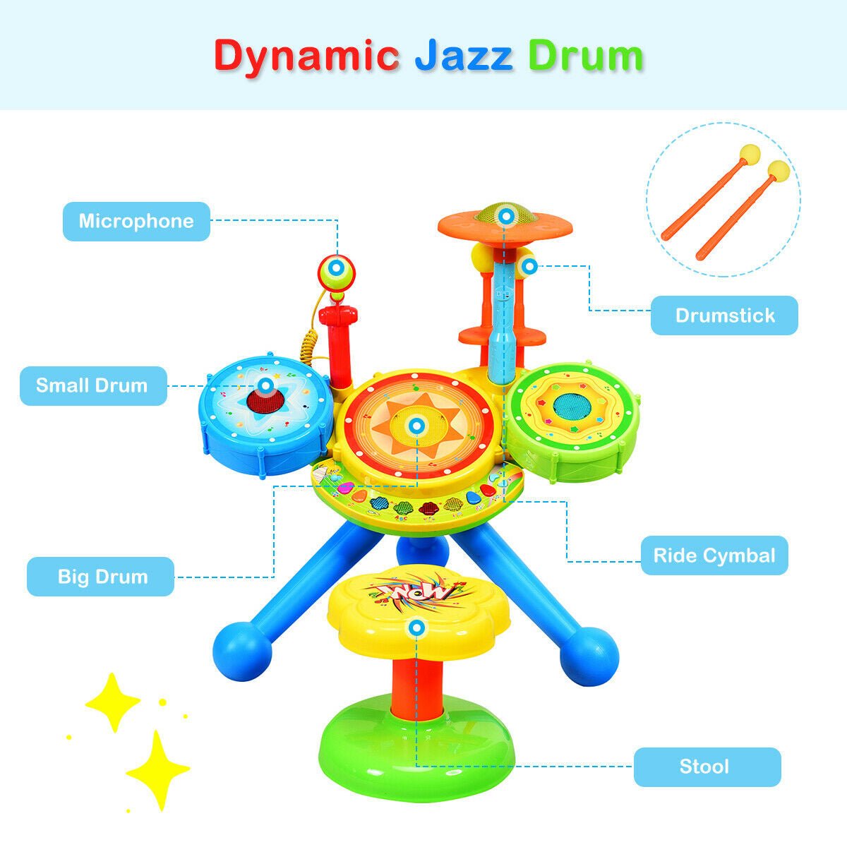 Kids Electric Jazz Drum Set with Stool Microphone and LED LightTorqelo.com