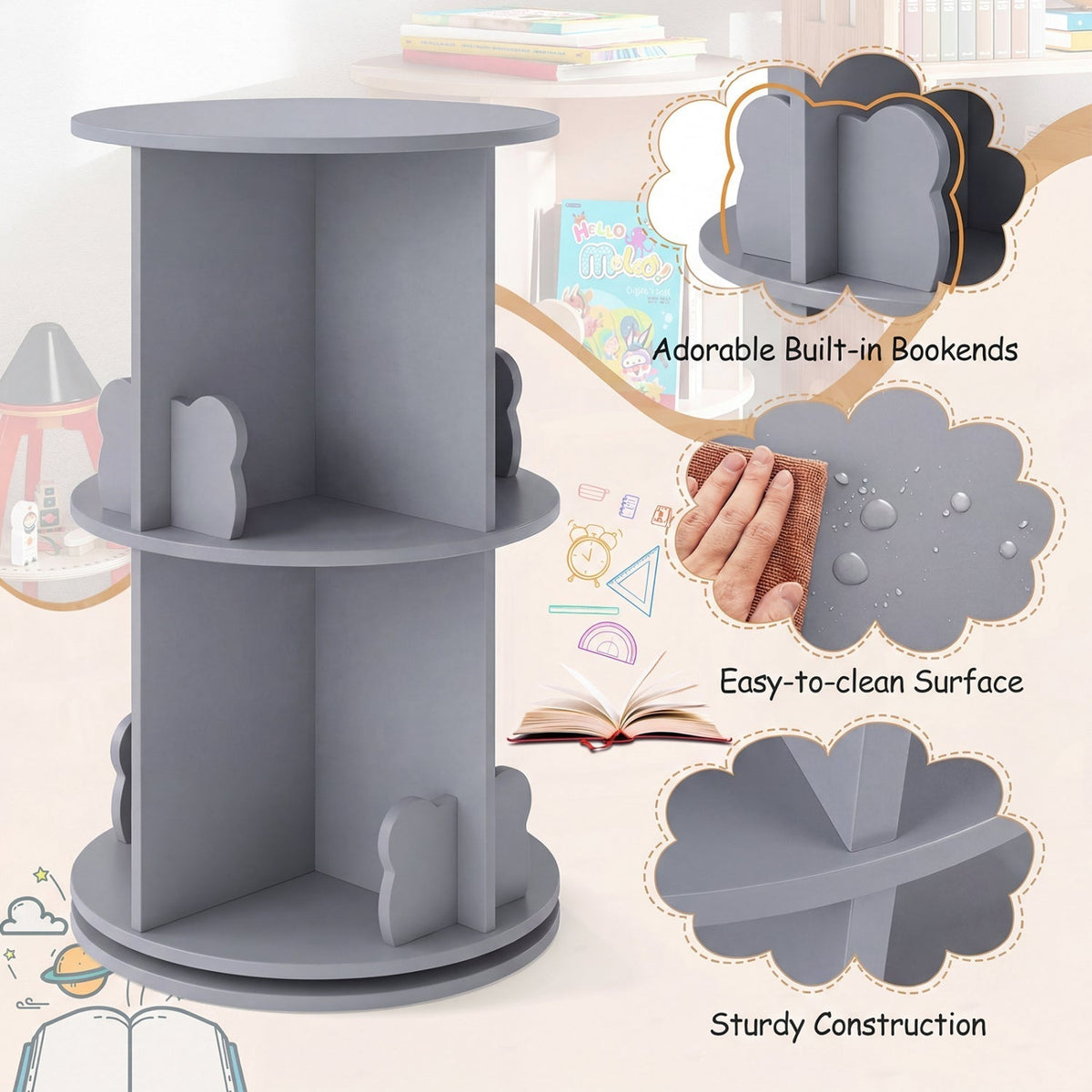 Kids Rotating Bookshelf 2-Tier Storage Rack with Bear BafflesKids BookshelfTorqelo.com