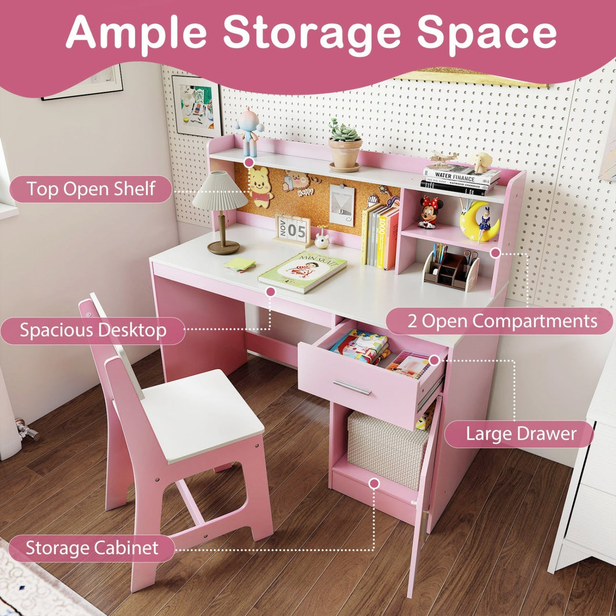 Kids Study Desk and Chair Set with Storage and Bulletin BoardKids Desk SetTorqelo.com