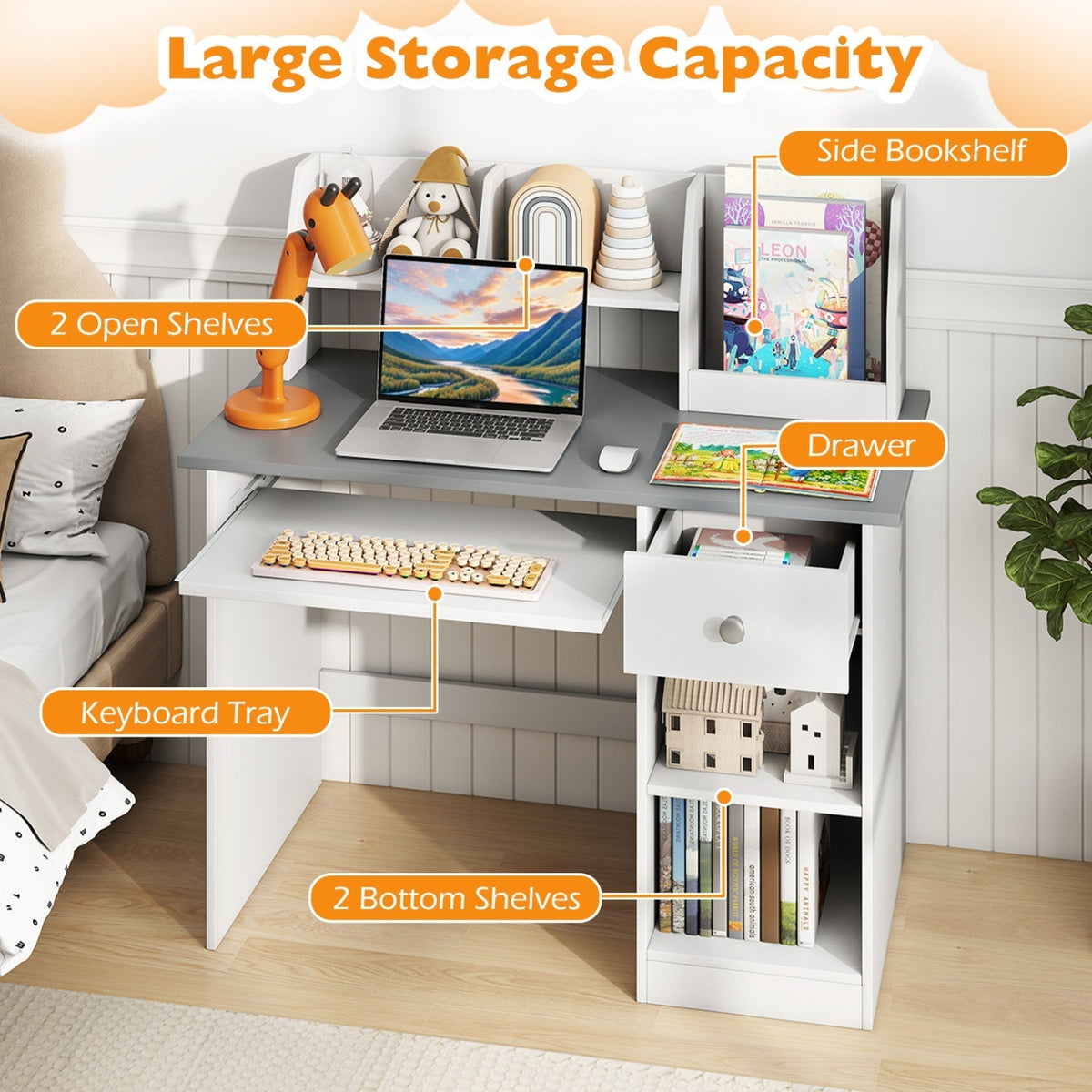 Kids Study Desk with Hutch, Drawer & ShelvesKids DeskTorqelo.com