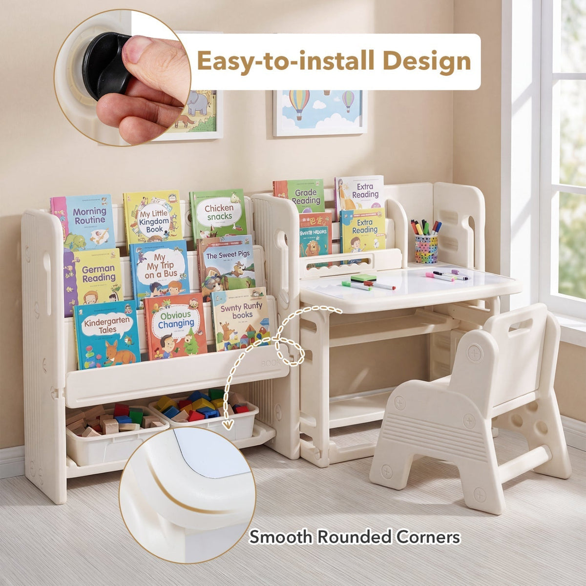 Kids Writing Desk and Chair Set with Side BookshelvesKids Furniture SetTorqelo.com