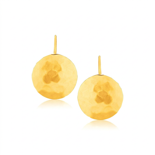 14k yellow gold hammered texture disc drop earrings, medium by Avera Group, view 2