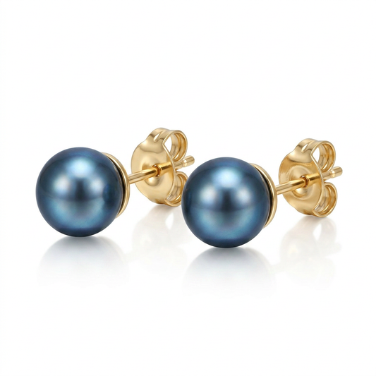 14k yellow gold cultured black pearl stud earrings, 7.0 mm, Avera Group, view 2