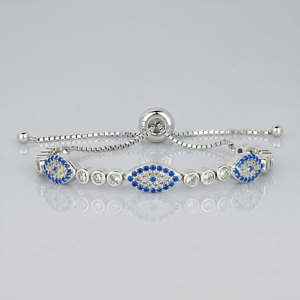 Sterling Silver Adjustable Enameled Evil Eye Bracelet with Cubic Zirconias by Avera Group