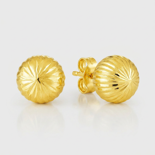 14k yellow gold ball earrings with linear texture, Avera Group, view 2