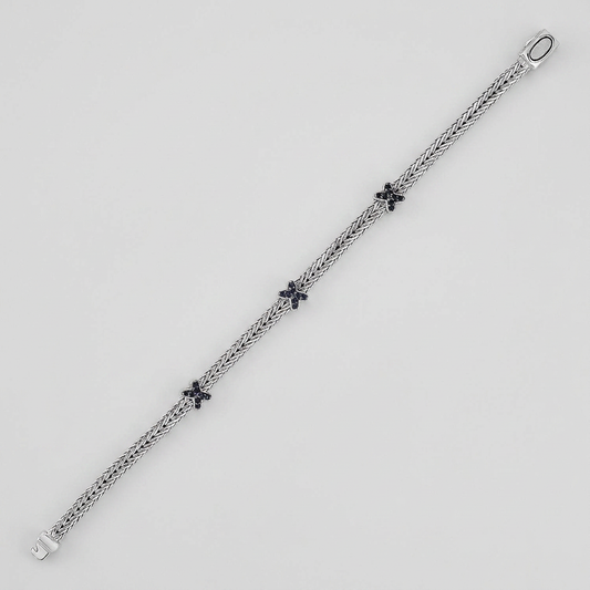 Woven Rope Bracelet with Black Sapphire X Accents in Sterling Silver by Avera Group