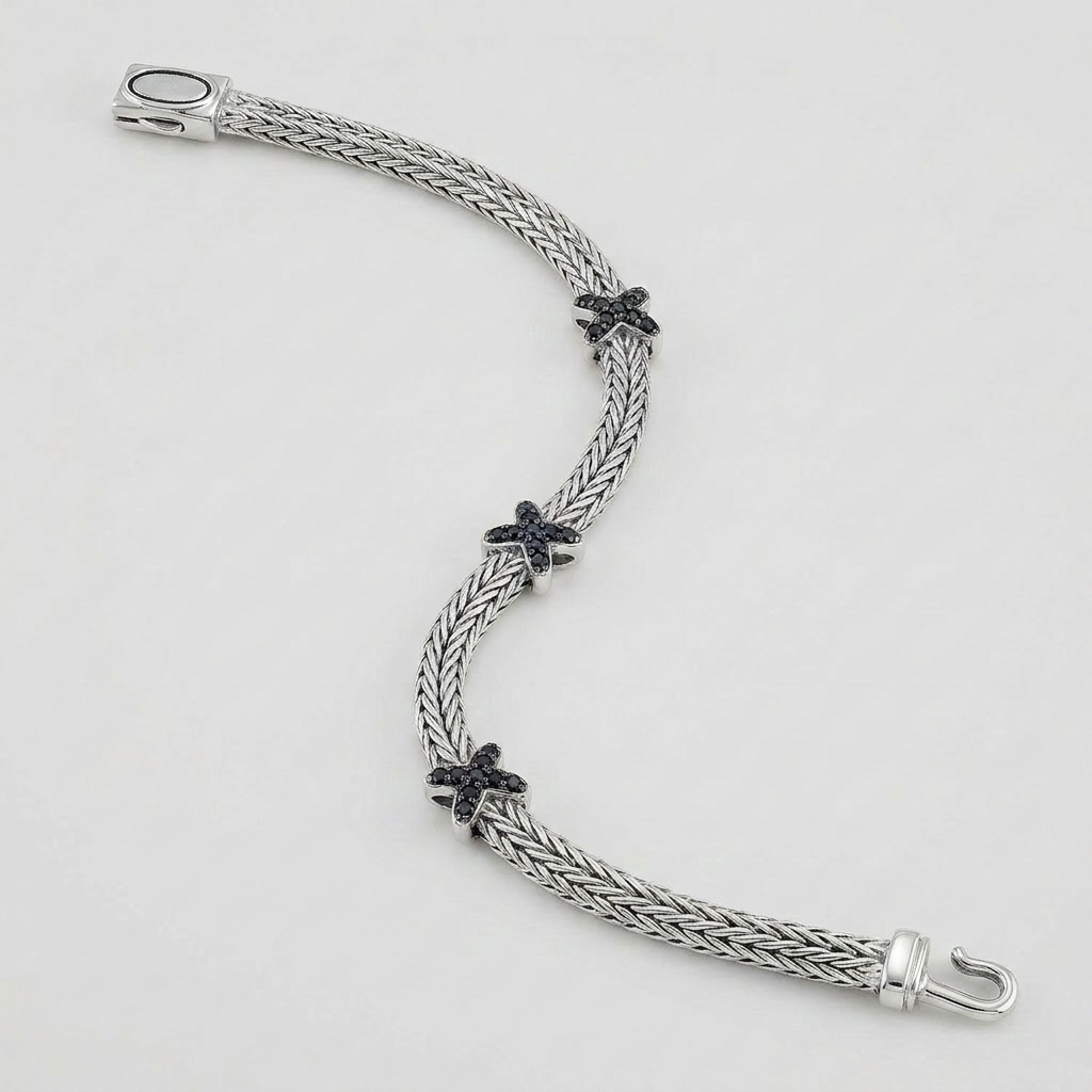 Woven Rope Bracelet with Black Sapphire X Accents in Sterling Silver by Avera Group