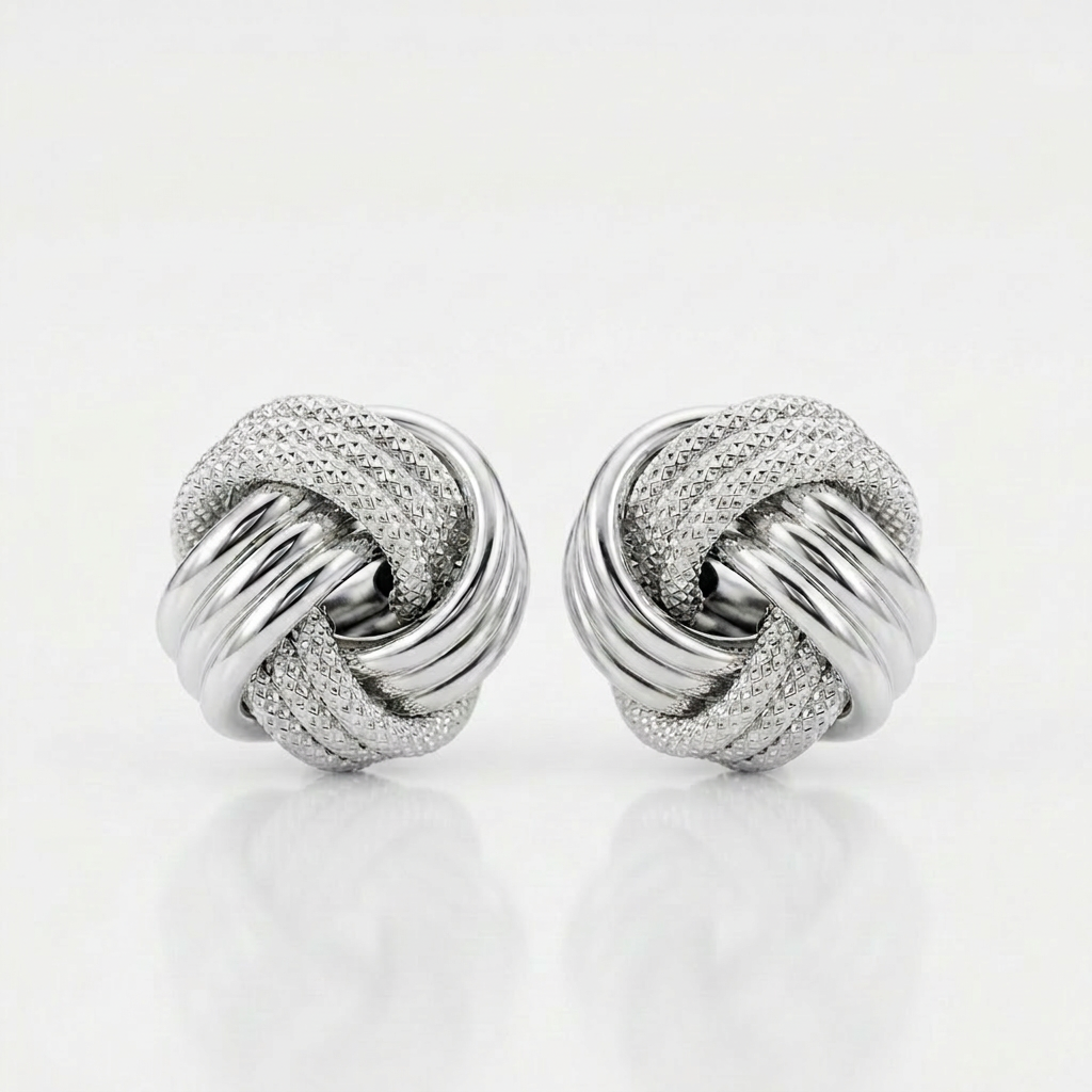 14k white gold love knot earrings with ridge texture, Avera Group, view 4