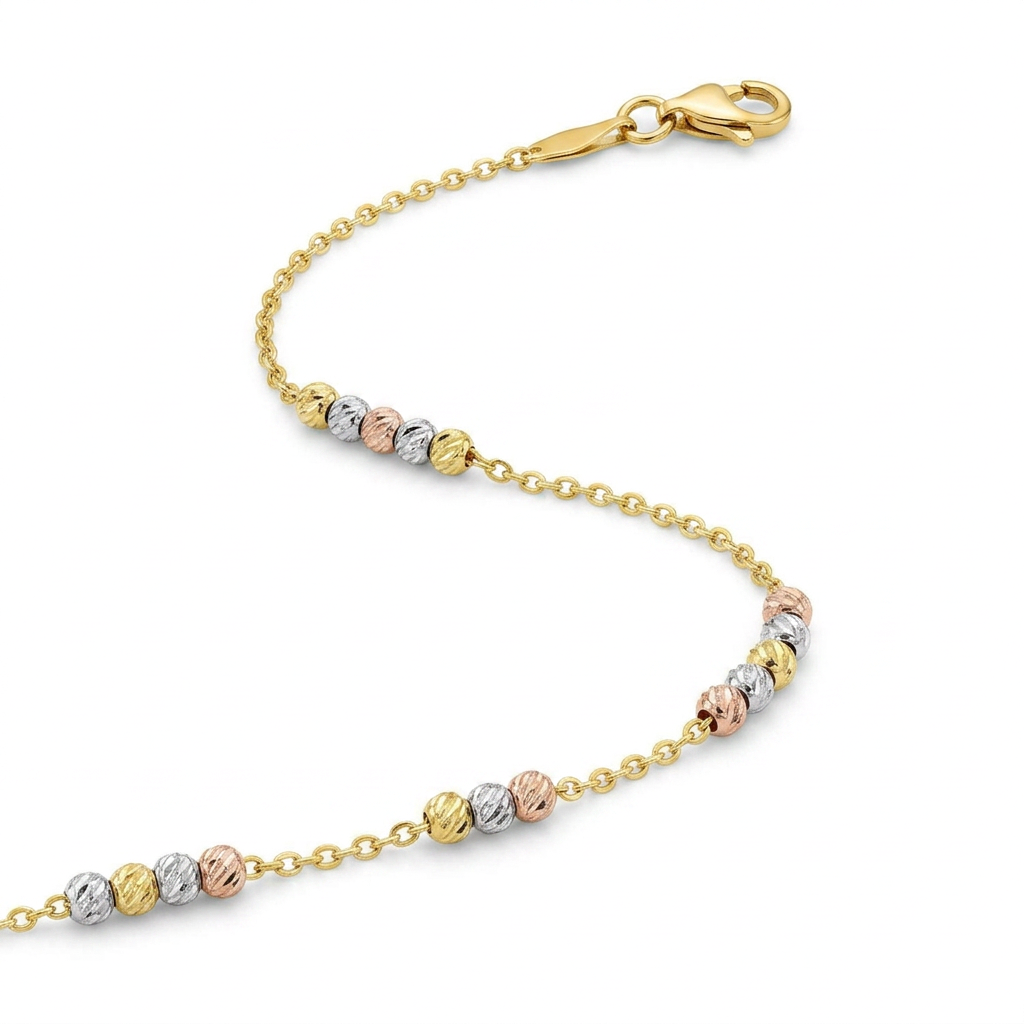 14k tri-color gold anklet with textured beads by Avera Group, view 4