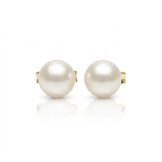 14k yellow gold freshwater cultured white pearl stud earrings, 7mm by Avera Group, view 2