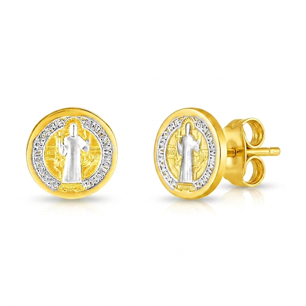 14k two-tone gold round religious medal post earrings by Avera Group, view 4