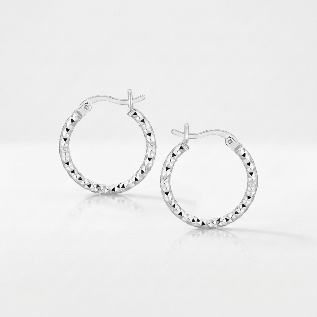 Sterling Silver Faceted Design Hoop Earrings with Rhodium Plating by Avera Group