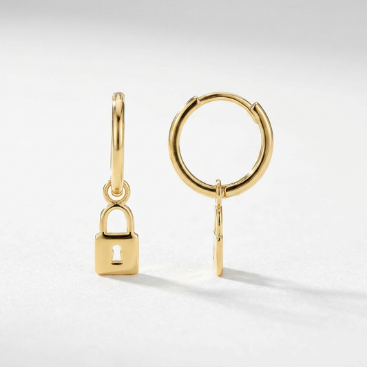 14k yellow gold huggie hoop earrings with padlock drops, Avera Group, view 2