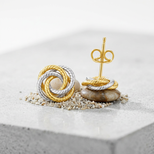 14k two-tone gold love knot earrings by Avera Group, view 2