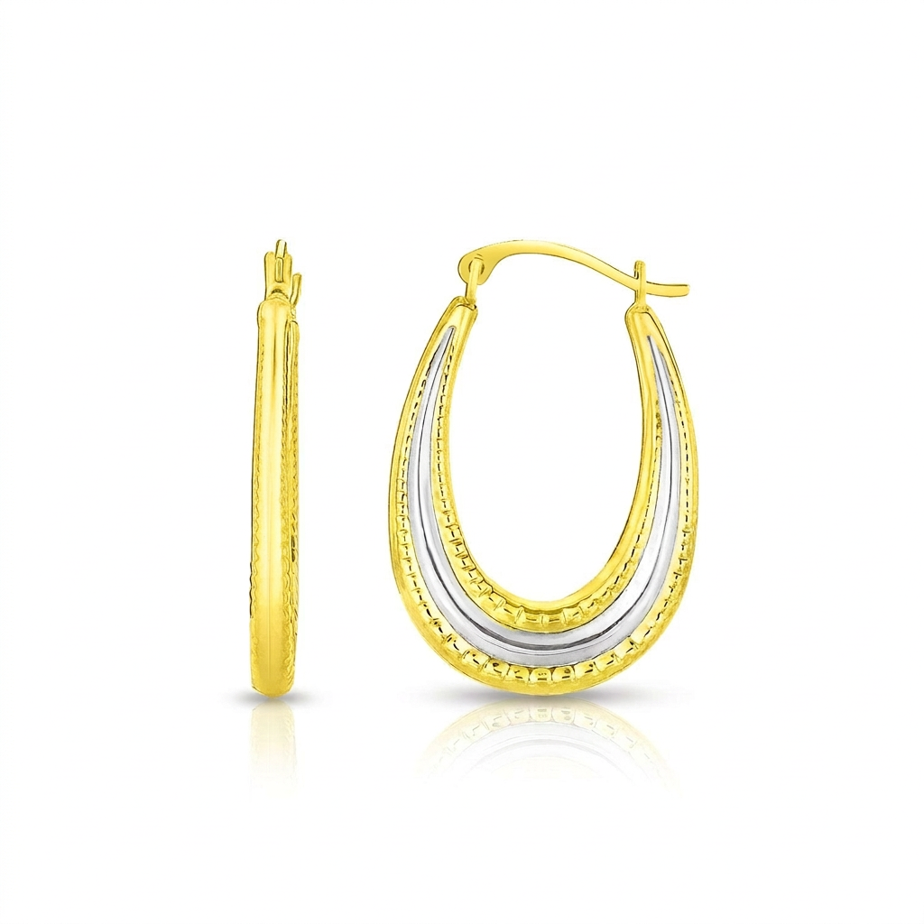 Avera Group 10K two-tone gold graduated textured oval hoop earrings, view 4