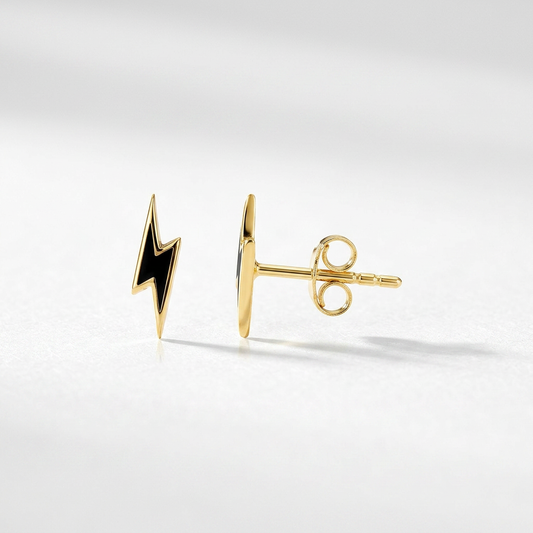 14k yellow gold and black enamel lightning bolt stud earrings, Avera Group, view 2